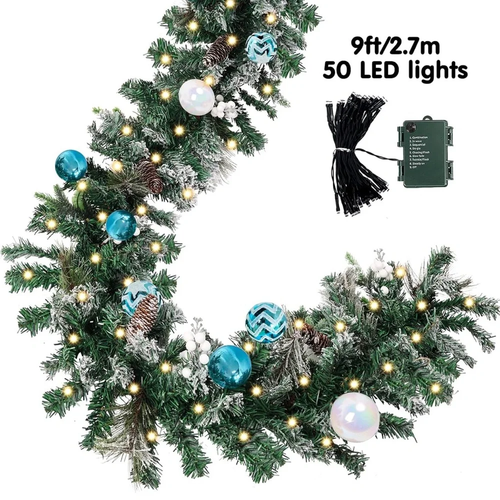 Beautiful 9’ pre-lit Christmas garland with blue and white balls